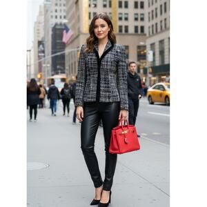 Tahari by Arthur Levine Tweed Faux Fur Trim Jacket Black & White Sz 10